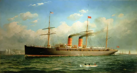 Der Cunard-Liner R.M.S. Umbria vor Brooklyn Heights, am East River, New York