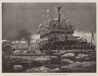Frost, Schnee und Eis auf der Medway, Sheerness Harbour nach einem Schneesturm