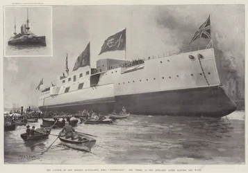 Der Stapellauf unseres größten Schlachtschiffs, HMS Formidable, das Schiff nach dem Verlassen der Werft