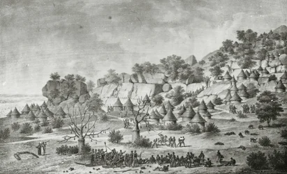 Ansicht eines Dorfes nördlich von Agady im Land der Bertat-Leute, aus südlicher Perspektive, aus 