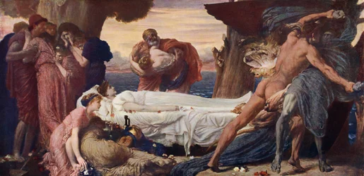 Herkules ringt mit dem Tod um den Körper von Alkestis (Farblithografie)