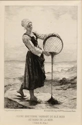 Eine junge Bretonin, die Buchweizen am Meer winnet, graviert von Cadart im Jahr 1874