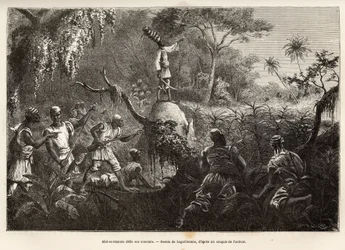 Abd es Samate, Freund und Leutnant von Mounza, König der Mombuttous, fordert seine Feinde, die Zandes (oder Niam Niam), die ihnen den Krieg erklärt haben, heraus, Gravur nach der Zeichnung von Laguillermie, zur Illustration einer Reise ins Herz Afrikas 186
