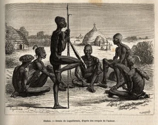 Dinkas aus dem Dorf Koudj (Senegal), deren Körper mit Asche bedeckt ist, um sie vor Insekten und Parasiten zu schützen, was auch eine kosmetische und soziale Funktion hat, Gravur nach Laguillermies Zeichnung, zur Illustration der Reise ins Herz Afrikas 186