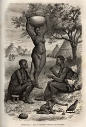 Typen und Aktivitäten der Frauen Bongos (Zentral-Sudan), mit ihrem Metallschmuck, Glocken und Klammern, die sie an ihren Ohren und Lippen tragen, Gravur nach der Zeichnung von Laguillermie, zur Illustration der Reise ins Herz Afrikas 1868-1871, von Dr. Geo