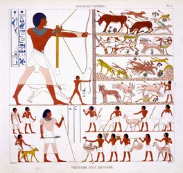 Jagdszenen, aus einem seltenen Bericht über Fresken aus Theben, aufgezeichnet 1819-1822 bei seinem zweiten Besuch in Ägypten von Frederic Cailliaud (1787-1869)