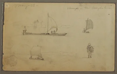Bungoes: Skizzen von Segelbooten und Arbeitern, entlang des Rio Magdalena, Kolumbien, Mai 1853