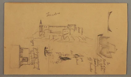 Zeichnung, Schloss, Minarett, Segelboote, Haus, Mai 1868