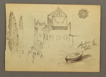 Schloss am Wasser, Boot, Bäume, möglicherweise 1868