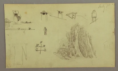 Zeichnung, Schornsteine, Wasserfälle, Figur, etc., möglicherweise Juli 1868