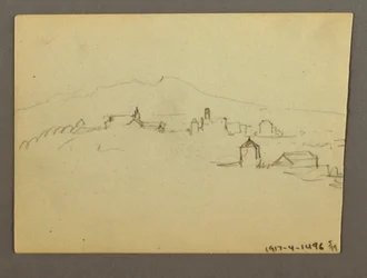 Kirchturm angrenzende Gebäude, möglicherweise 1868–69