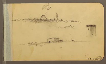 Zeichnung, Kirche, Turm, Haus; (Rückseite: Gebirgskette, 1889)
