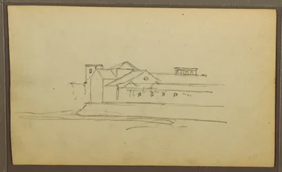 Zeichnung, Kirche, Türme; Verso: Figuren im Kanu, Botanische Skizzen, 1857
