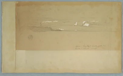 Zeichnung, Bewölkter Himmel über hügeliger und bewaldeter Landschaft, möglicherweise 1857