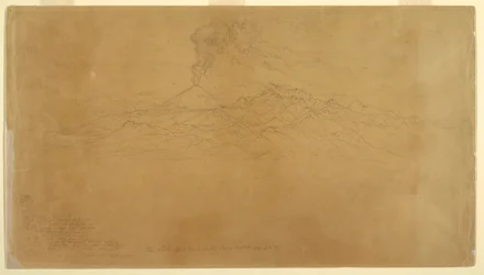 Cotapaxi Vulkan ausbrechend hinter Bergketten, Ecuador, 1857