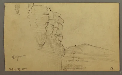 El Yemen Tal, Arabien: Felswand mit dem oberen Teil, der einer Säulenreihe ähnelt, 20. Februar 1868