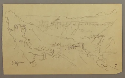 El Yemen Tal, Arabien: Blick auf das gewundene Tal mit einer Karawane, 20. Februar 1868