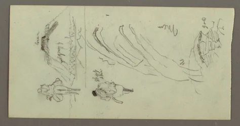 Zeichnung, Figur auf einem Kamel reitend, Figur gehend, Hügel und Hügelspitze, möglicherweise 1868