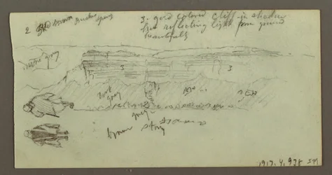 Zeichnung, Figur auf einem Kamel reitend, Figur gehend, Hügel und Hügelspitze, möglicherweise 1868