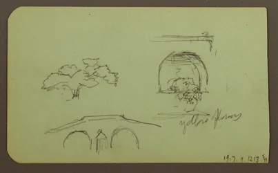 Zeichnung, Landschaft, Figur; Rückseite: Bäume, Brücke, Pflanzen, 1883