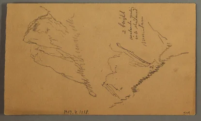 Zeichnung, Mann in einem Boot, Felsgipfel über Kiefern, möglicherweise 1868