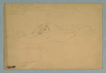 Zeichnung, Berggipfel, möglicherweise Chimborazo, über drei aufeinanderfolgende Bergketten, Ecuador, 1857