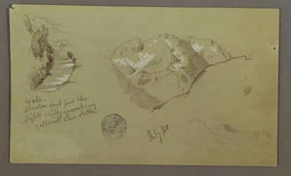Zeichnung, Berggipfel, Fluss, Juli 1868