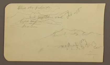 Zeichnung, Gebirgsketten, Cuautla, Kirche; Rückseite: Kauerndes Pferd, Landschaftsnotizen, Februar 1885