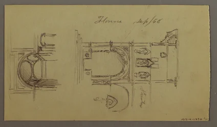 Zeichnung, Bergtal, Brücke, Gebäude, möglicherweise 1868–69