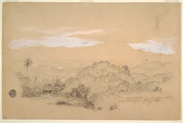 Erinnerungen an eine Aussicht von einem Hügel in der Nähe von Cartago, Kolumbien mit einer Frau, die einen Wasserkrug auf dem Kopf trägt, Juli 1853