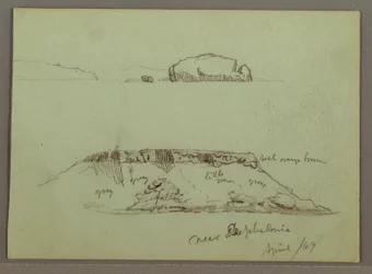 Felsen vor Küstenlinie, Felsklippen an der Küste, April 1869