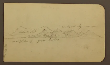 Raues Gebirge über einer Ebene; Verso: Figuren, Landschaft, 12. Dezember 1884