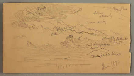 Scharfe Berggipfel, bewölkter Himmel, Juni 1874