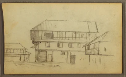 Zeichnung, Straßenecke in Guaquil, Ecuador; Verso: Botanische Skizzen, Haus, Ecuador oder Kolumbien, 1857