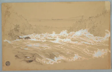 Zeichnung, Die Schlucht, Niagara, Blick auf die Hängebrücke