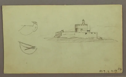 Zeichnung, Stadt an der Küste, Gebirgskette dahinter, 27. Mai 1868
