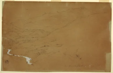 Tal mit einem Bach und Häusern, nahe Guaranda, Ecuador, 4. Juni 1857