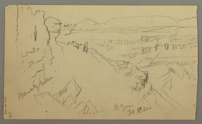 Blick über die Hügel und Ebene zu den Bergen, Tal von El Yemen, Februar 1868