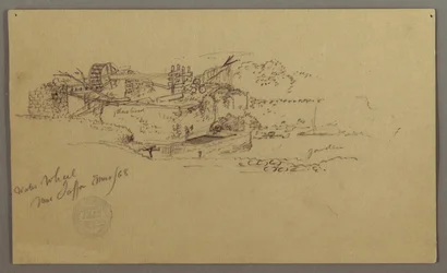 Wasserrad mit einem Becken in einem Garten, Jaffa, Palästina [Tel Aviv, Israel], März 1868