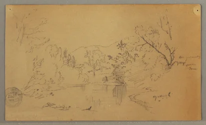 Windender Fluss in einem bewaldeten Tal, Vermont, Oktober 1865