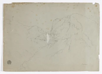 Zeichnung. a. Skizze. Tequendama-Fälle in der Nähe von Bogotá, Kolumbien. b. Blick auf entfernte Bergketten.