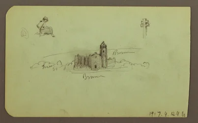Hügel, Kirche, Brücke; Verso: Figur, Kreuz, Kirche, 1883