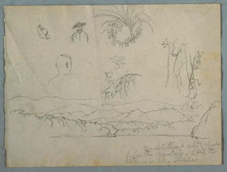 Flussufer mit Bergen und Wolken, drei botanische Skizzen und Büstenstudien von Männern mit Hüten