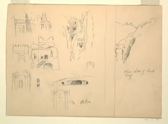 Zehn Studien von Gräbern und eine Ansicht von Felsen, Petra, Jordanien