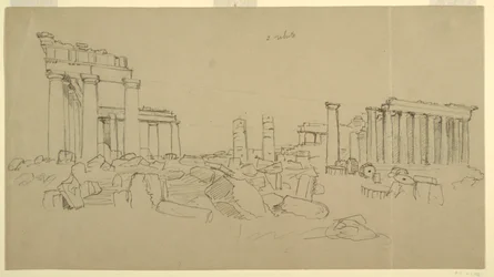 Ansicht des Parthenon und umliegender Ruinenfragmente von Westen, Athen, Griechenland