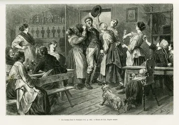 Ein Hirtztag, eine Art Karneval, bei dem alles für Frauen erlaubt ist, im Sundgau. Gravur von Lix zur Illustration der Geschichte „Durch Elsass und Lothringen“ von Charles Grad, veröffentlicht in Le Tour du monde 1886