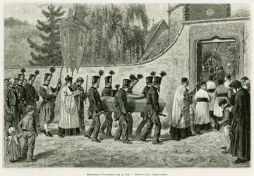 Begräbnis eines Bergarbeiters. Gravur von Lix zur Illustration der Geschichte „Durch Elsass und Lothringen“ 1887, von Charles Grad, deutscher Abgeordneter, in Le Tour du monde 1888, herausgegeben von Edouard Charton (1807-1890), Hachette, Paris.