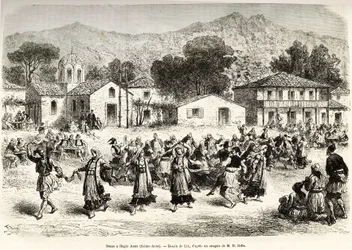 Volkstanz auf dem Dorfplatz Haggia Anna (St. Anne). Gravur nach der Zeichnung von Lix, um die Reise nach Griechenland zu illustrieren, von Henri Belle, in 1861-1868-1874, veröffentlicht in „Le tour du monde“ 1876, herausgegeben von Edouard Charton, Hachett