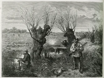 Hasenjagd. Gravur von F. Lix, zur Illustration der Geschichte "Durch Elsass und Lothringen" von 1884, von Charles Grad