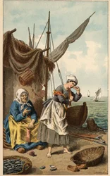 Volkslied: „A la pêche aux moules“ Illustration von Frédéric Théodore Lix (1830-1897). Frontispiz von „Chansons et rondes enfantines des provinces de la France“